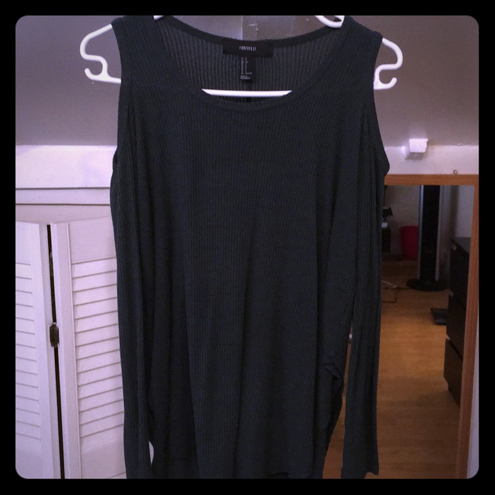 Cold shoulder greenish black long sleeve blouse
